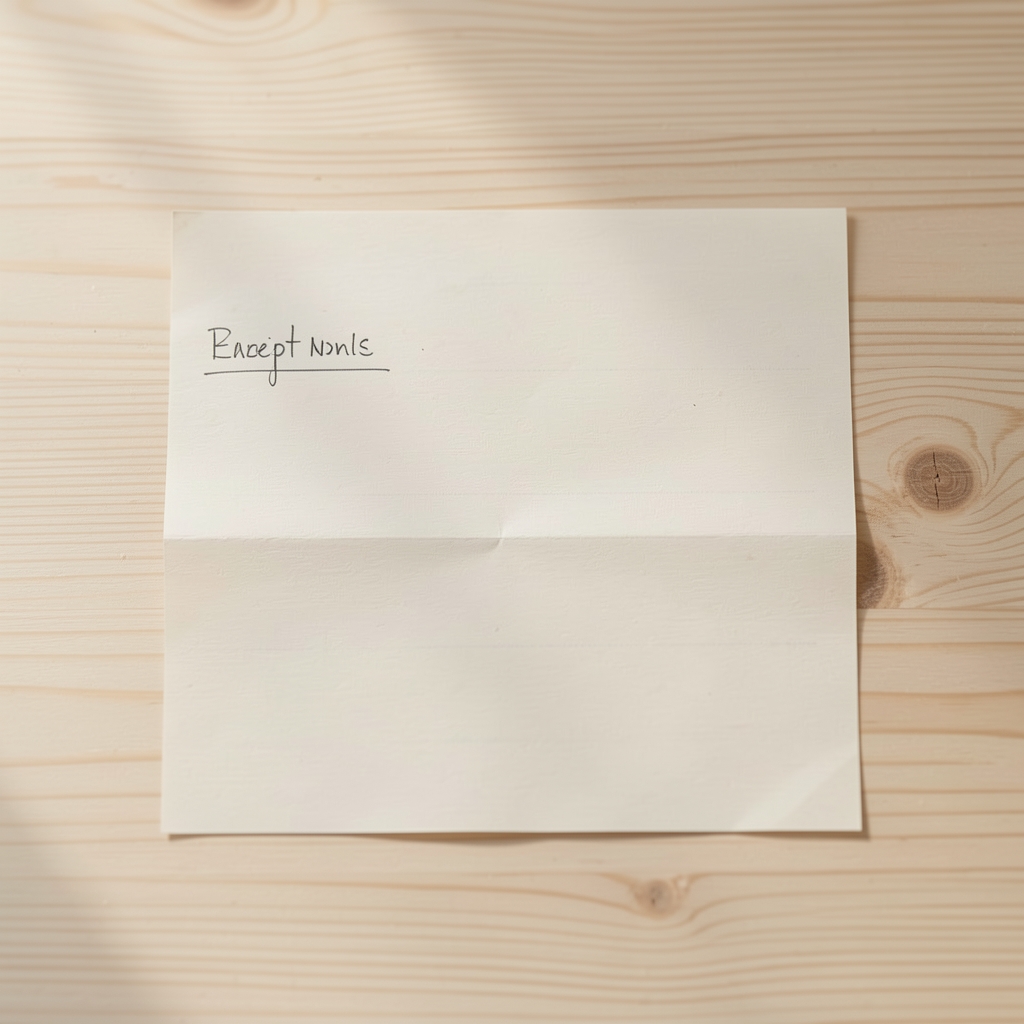 Aufgeklapptes Notizbuch mit handschriftlichen Rezeptnotizen auf hellem Holzuntergrund, Tageslicht